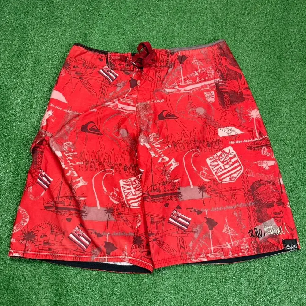 Quiksilver Eddie Aikau Board Shorts Red AOP Y2K Surf Swim Trunks Men’s 32